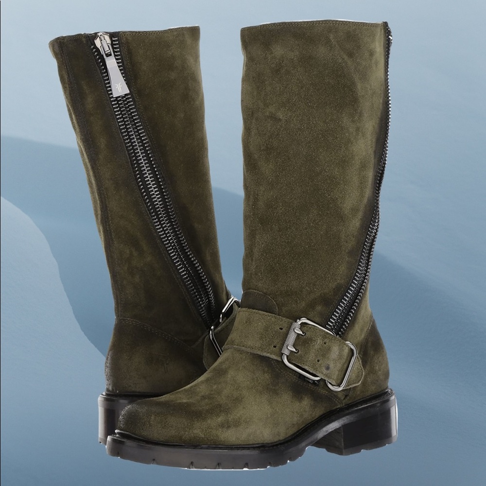 FRYE Women's Samantha Zip Tall Motorcycle Boot Size 10 GREEN.